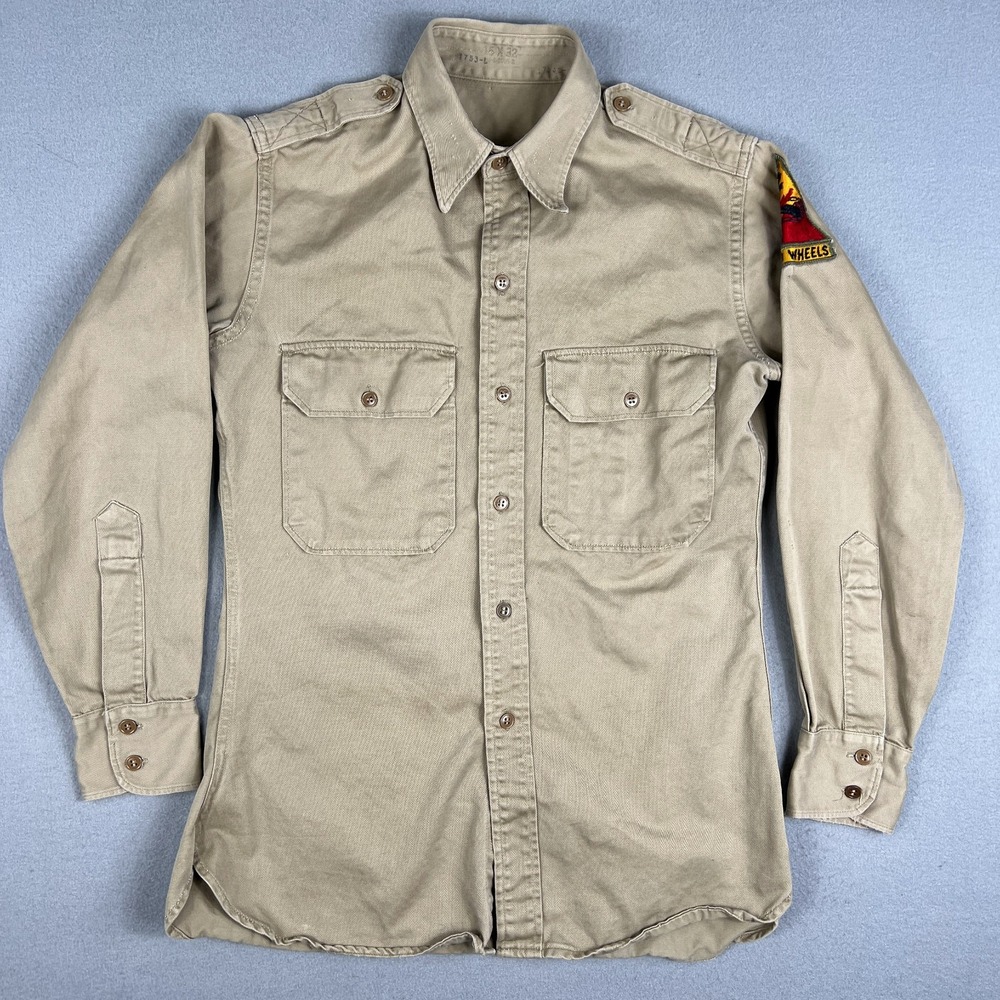 VTG 1952 US Army Khaki Cotton Shirt‎ 15x32 2nd Armored Div. Patch Hell on Wheels